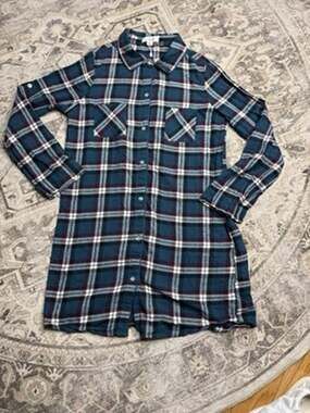 Simply Noelle Plaid Tunic Dress Shirt SM 8 10 Teal Gold Lurex Cotton Roll Tab